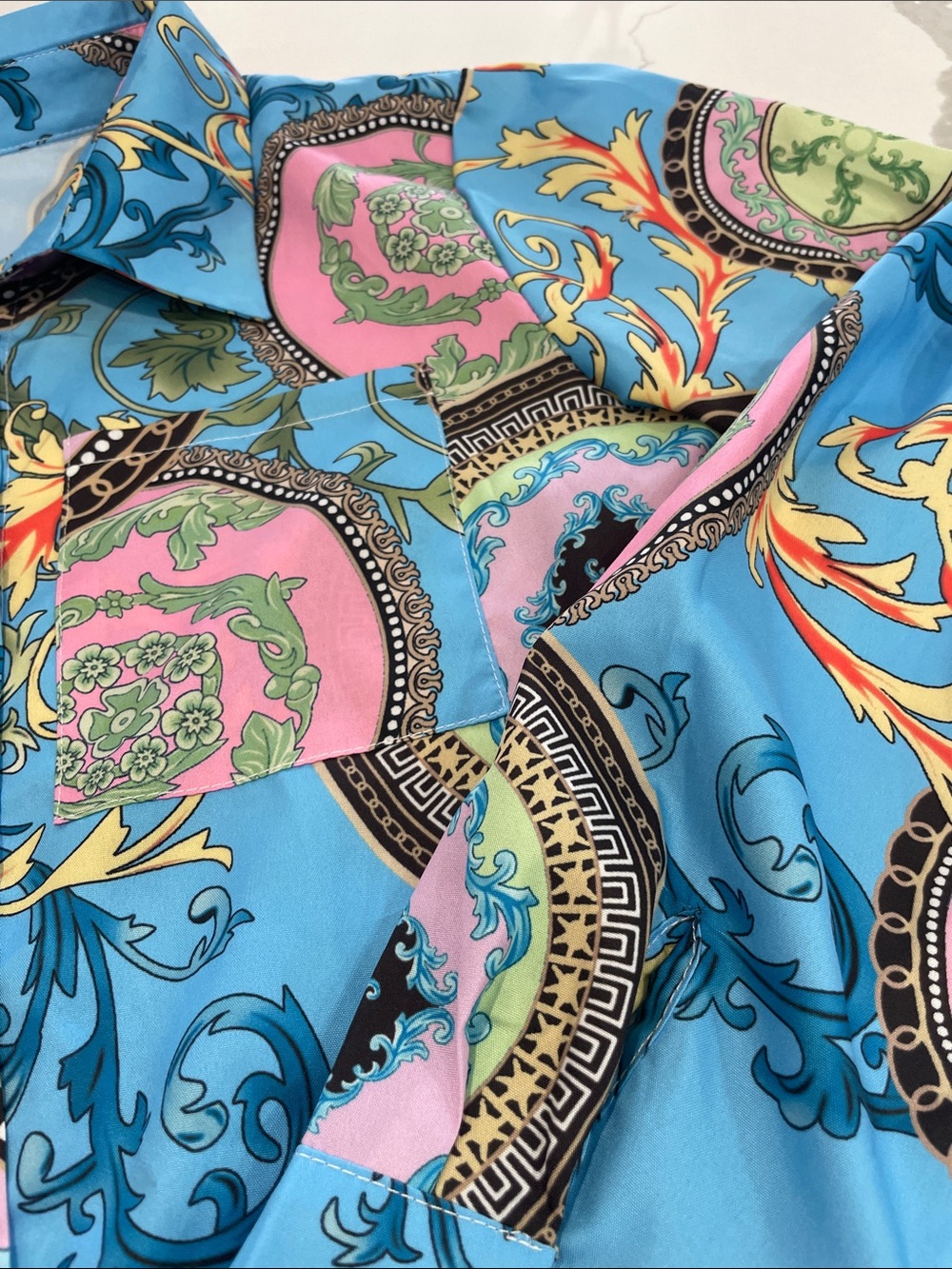 Ladies Blue Printed Long-Sleeve Shirt - Picture 4 of 8